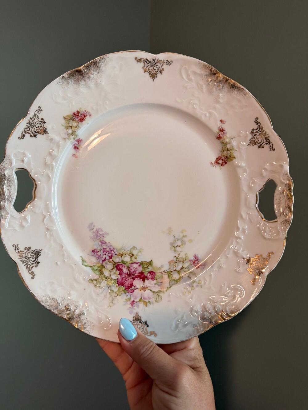 #30 antique porcelain handled serving plate with hand-painted floral decorations